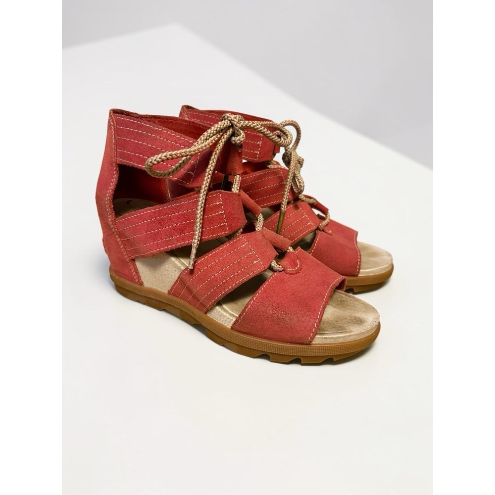 SOREL Joanie Lace Up Wedge Sandals Booties Red Leather Women's Size 8
